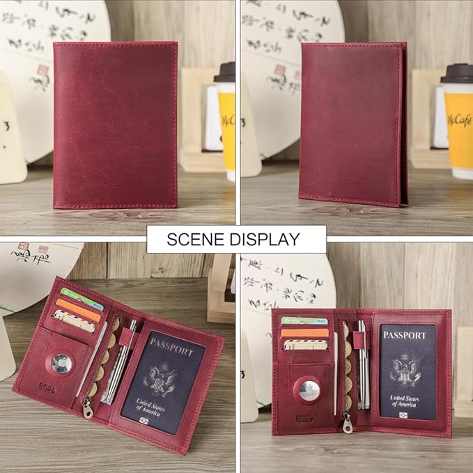 CONTACTS Full Grain Leather Passport Holder RFID Blocking Travel Passport Wallet Compatible with Airtag Passport Cover Case with 4 Cards Slots, Coin Pocket (Wine Red)