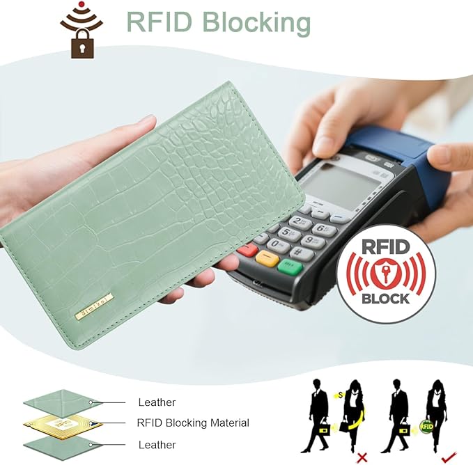 Wallet Women Bifold Faux Crocodile Leather Minimalist Slim Thin Long Wallets RFID Blocking Credit Cards Holder Purse with Back Zipper Coin Pocket for Women and Men,Green