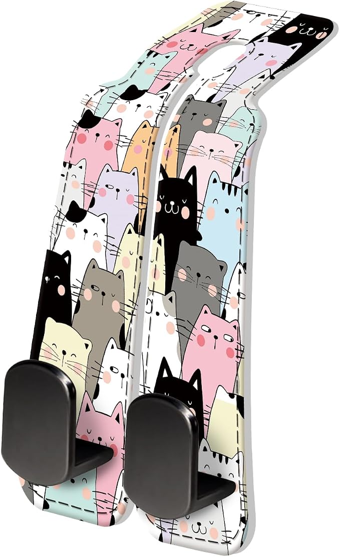PU Leather Car Seat Hook, Storage Headrest Hanger, Cute Car Backseat Organizer, Car Hooks for Purses and Bags Multicolor Cat