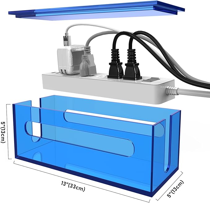 Cable Management Box Acrylic Cord Organizer Box Power Strip Storage Box to Hide Wires, Blue