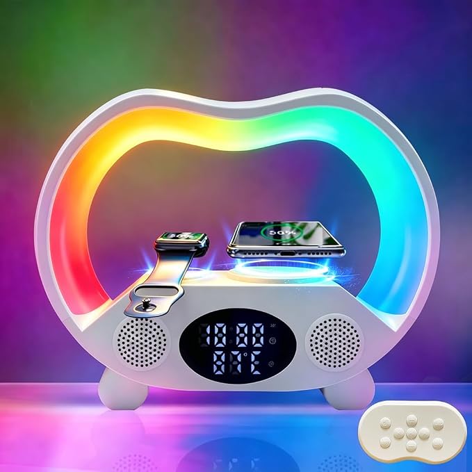IHAO 6in1 Multi Functional Wireless Charger Bluetooth Speaker Time&Temperature Display Alarm Clock 7-Color LED Night Lights Fast Charger for Phone Apple Watch Earbuds Remote Control-White