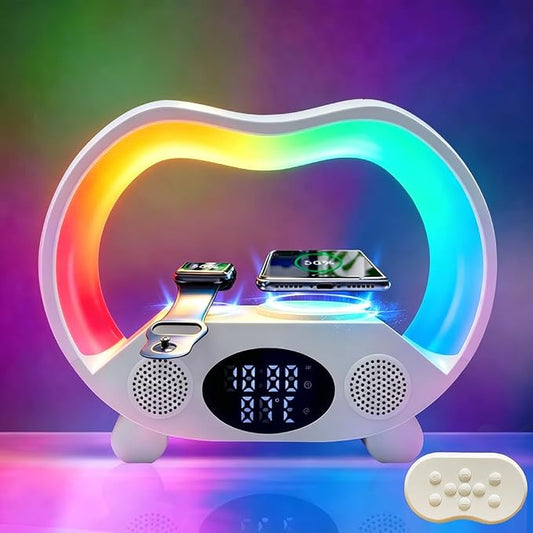 IHAO 6in1 Multi Functional Wireless Charger Bluetooth Speaker Time&Temperature Display Alarm Clock 7-Color LED Night Lights Fast Charger for Phone Apple Watch Earbuds Remote Control-White