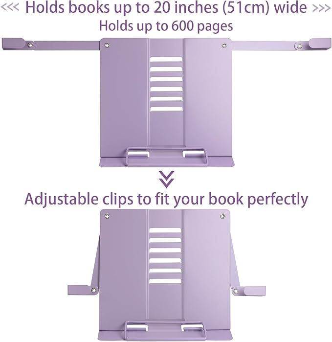 Metal Desk Book Stand for Reading with Adjustable Clips, Hands-Free Foldable Book Holder for Kids, Portable Document Stand for Desk, Display Stand for Recipes, Cookbooks, Tablets - Purple