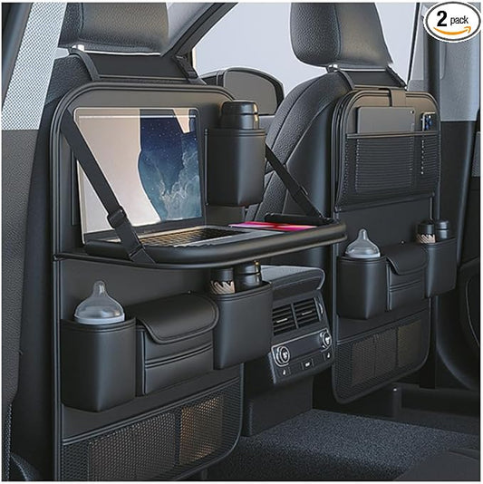 Primst 2 Pack Leather Car Backseat Organizer with Foldable Table Tray, Car Storage Organizer with Tablet Holder, Car Seat Back Protectors Kick Mats Travel Accessories