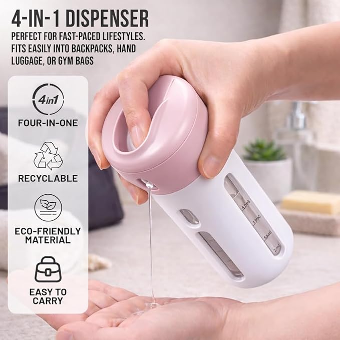 Travigo 4-in-1 Travel Dispenser Bottle, TSA Approved, Leak Proof, Four Reusable 1.4 oz. (40 mL) Toiletry Containers for Shampoo, Conditioner, Soap, Lotion, Skincare (Pink)