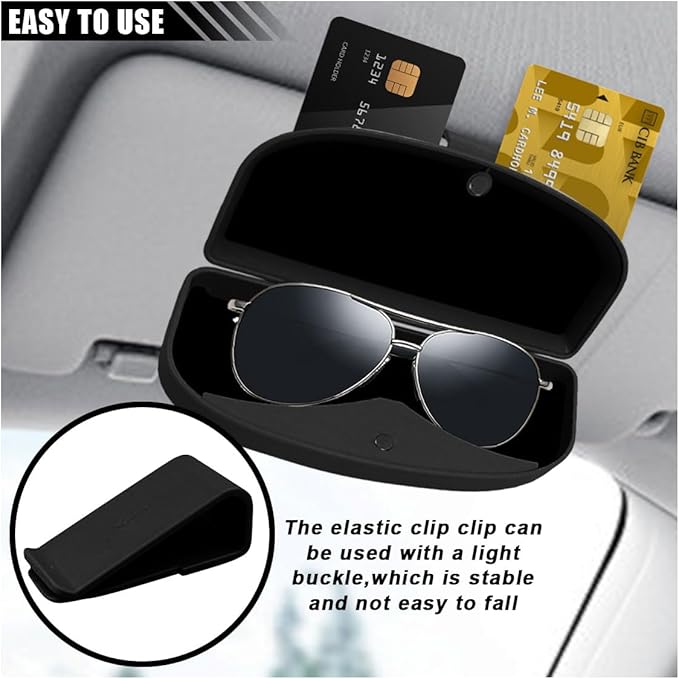 KITUREK Car Sun Visor Sunglasses Case, Glasses Storage Protective Box, Eyewear Hard Shell Eyeglasses Organizer, Magnetic Closure&Double Card Clamp (Black)