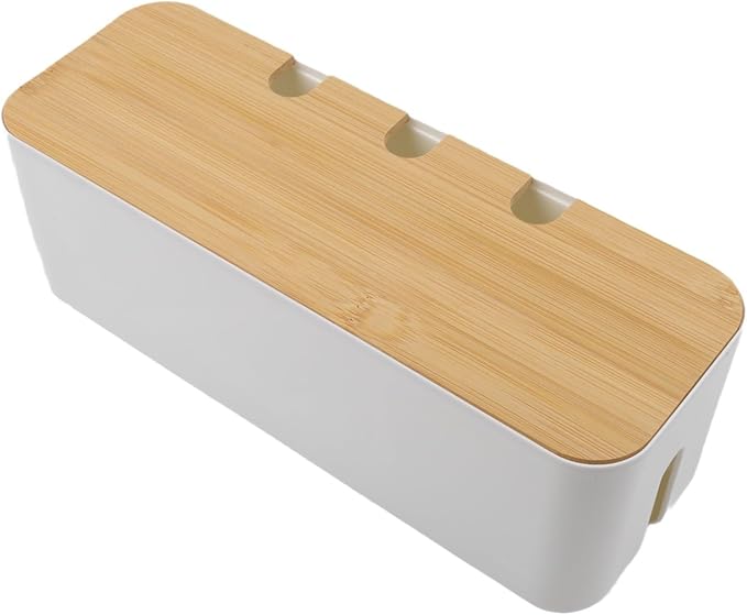 Wooden Lid Wire Storage Box for Cable Management, ABS Plastic Junction Box Organizer with Heat Dissipation Ports for Power Strips and Cords, Home Office Desk Tidy(white)