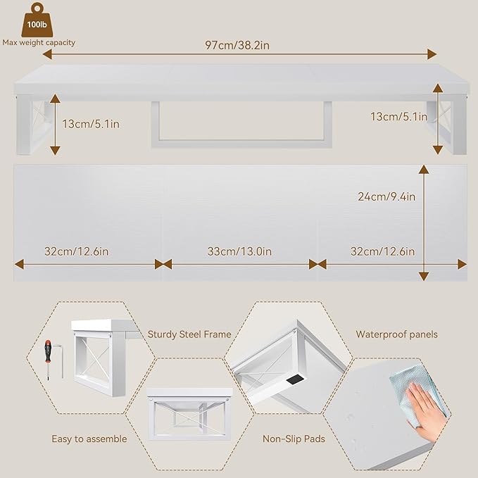 IBUYKE Large Dual Monitor Stand Riser for 2 Monitors, Wooden Desktop Computer Monitor Stand Storage Shelf and Steel Legs,Dual Screen Office Desk,Monitor Riser for Computer, Printer,Laptop,TV,White UTDJ002W