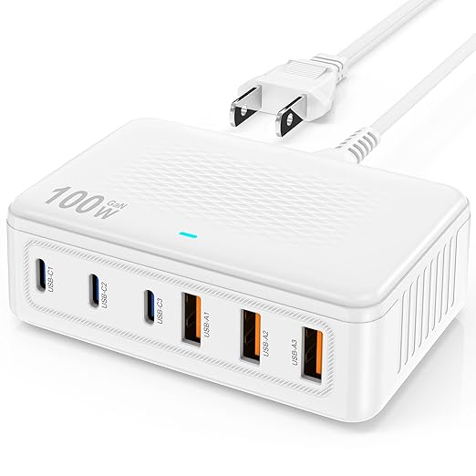 USB C Fast Charger Block, 100W GaN 6 Port Type C Charging Station Hub,Wall Charger Power Strip Adapter Plug Cube Brick Box for Apple iPhone 17 16 15 14 13 12 Pro Max/iPad/Pixel/Samsung Galaxy S25 S24
