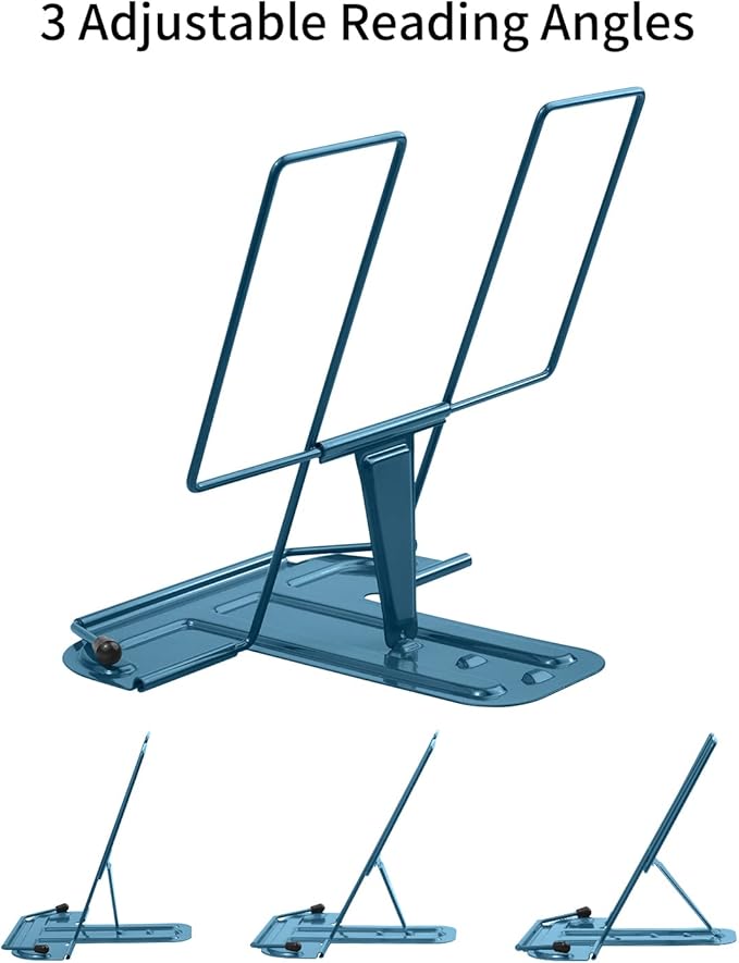 MSDADA Metal Book Stand for Desk, Adjustable Reading Rest Book Holder, Portable Cookbook Documents Holder, Sturdy Typing Stand for Recipes Textbooks Tablet Music Books with Page Clips (Navy Blue)