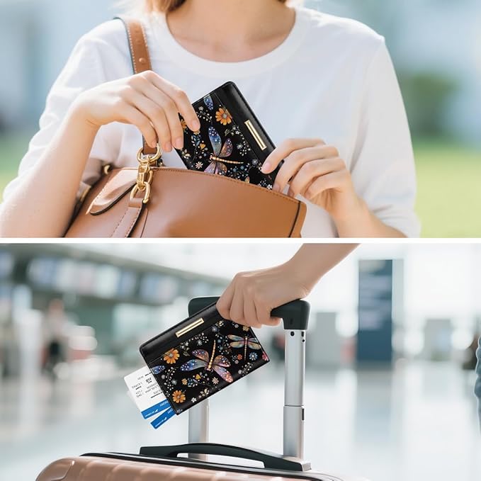 Passport Holder Cover Travel RFID Blocking Passport Cover Cute Flowers Passport Wallet with Elastic Band for Women, Dragonflies