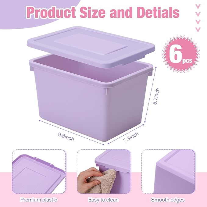Potchen 6 Pack Cute Plastic Storage Bins with Lids Decorative Stackable Storage Boxes 9.8" ×7.3" ×5.7" Small Storing Totes for Organizing Craft Office Supplies (Pink,Purple)