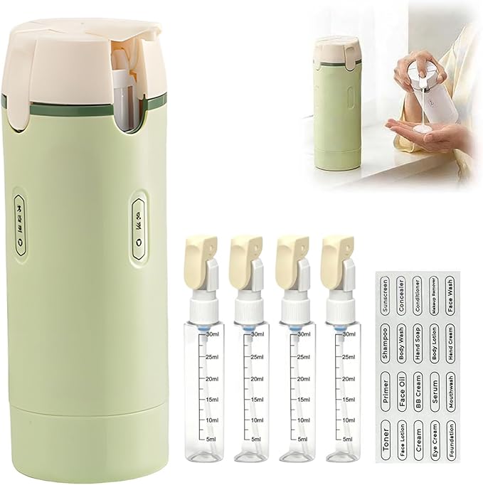 4 in 1 Travel Dispenser, 4 Pack 30ML Travel Bottles with Measurement Scale & Label Stickers for Toiletries, Leak Proof Dispenser Bottle Containers for Shampoo Lotion Conditioner Cream (Green)