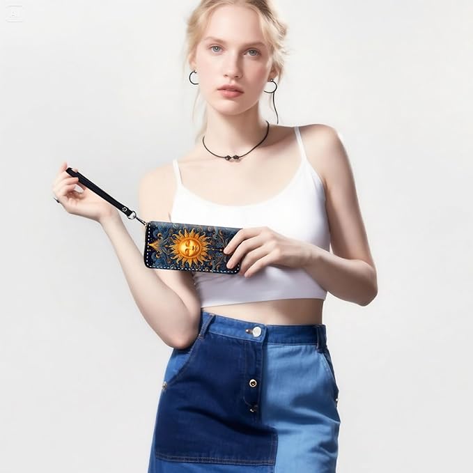 RFID-Blocking Zip Around Wallets for Women with Detachable Wrist Strap,Large Capacity Phone Holder with Card Organizer & Coin Pocket,Vintage Sun Face