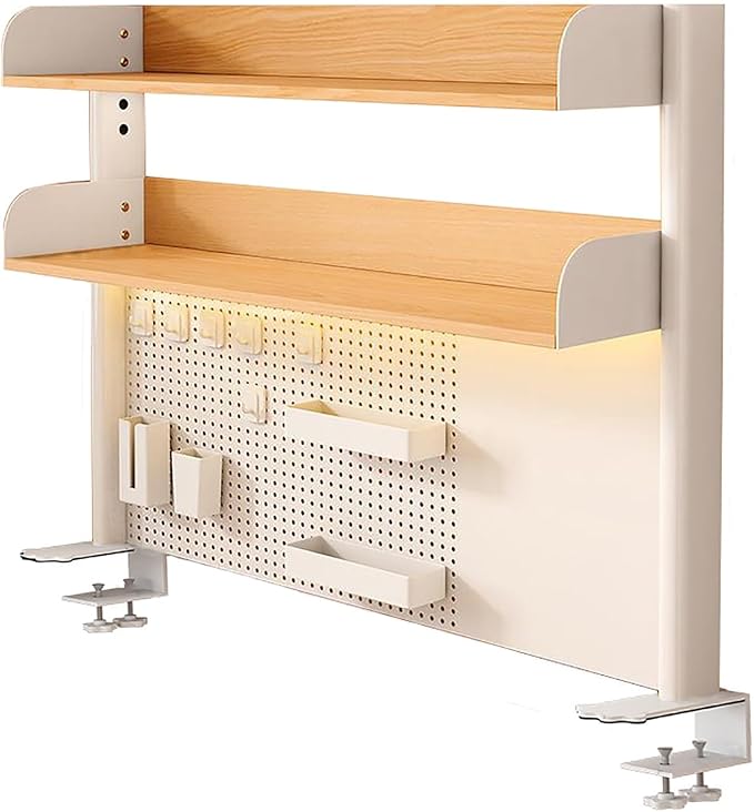Clamp on Desk Organizer Shelf, 2-Tier Shelving Unit Desk Extender Pegboard Workstation, with Adjustable Storage Tray, for Table Accessories(Natural,60x95cm)