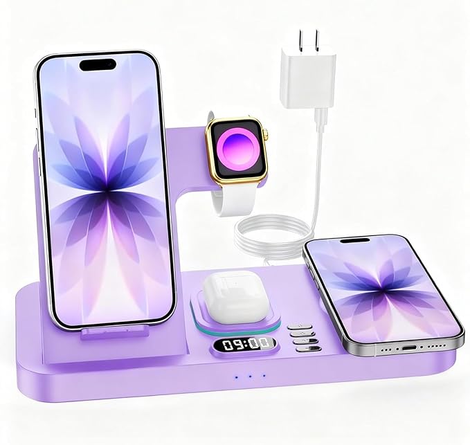 Dual Phone Wireless Charging Station for Apple Devices, Magnetic Charging Station for iPhone with Auto Switch 7-Color Light&Clock,Family Watch Charger for iPhone17 for iWatch11 for AirPods Pro3(Purple