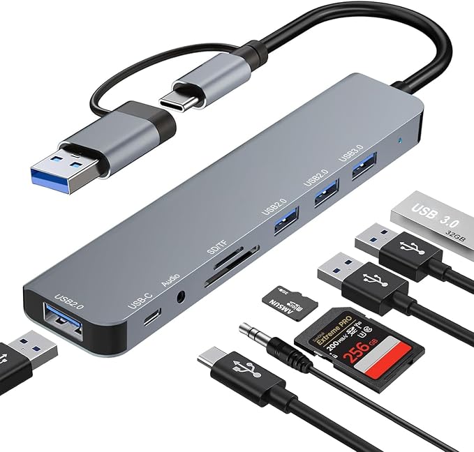 USB C Hub USB Hub 3.0, Upgrade 8 in 2 USB Splitter with USB-C/4 USB A Port Extender, TF/SD Card Reader, 3.5mm Audio Adapter, USBC USB Dongle for PC/Laptop/Tablet/Mac/MacBook/iPad and More Devices