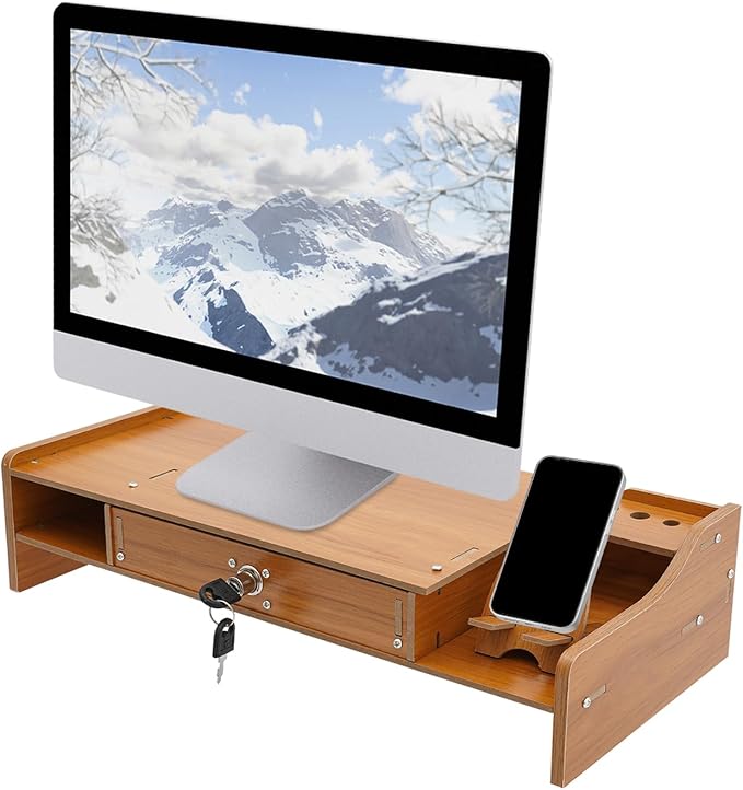 Monitor Stand Wooden Desktop Organizer with Lockable Drawers & Keys & Phone Holder Vintage Multi Compartment Desk Shelf for Home,Office (Z0802)