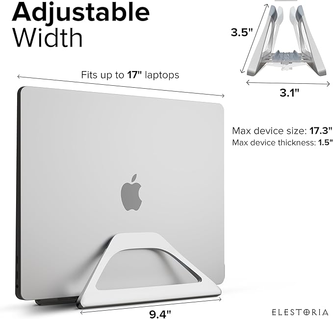 Elestoria Aluminum Vertical Laptop Stand with Gravity Auto-Lock ??Adjustable Laptop Holder Vertical fits MacBook Pro/Air, Chromebook & Gaming Laptops up to 17.3" ??Space-Saving Desktop Dock - Silver