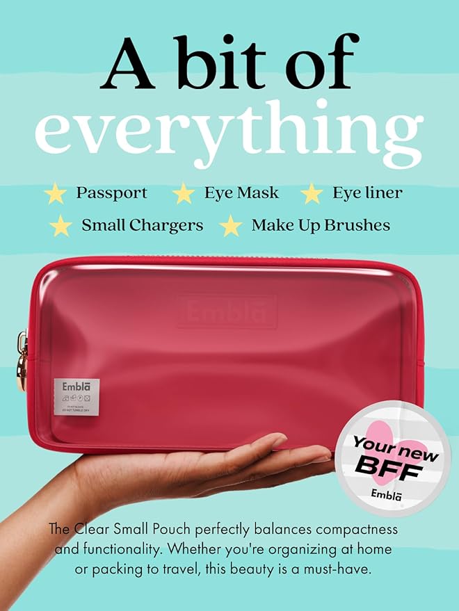 Embla Clear Cosmetic Bag Makeup Case, Clear Zipper Make Up Pouch and Toiletry Travel Tote, Cute Skincare Pouches for Women Girls, Preppy Purse Cosmetic Organizer, Small Makeup Bags, Ruby Red