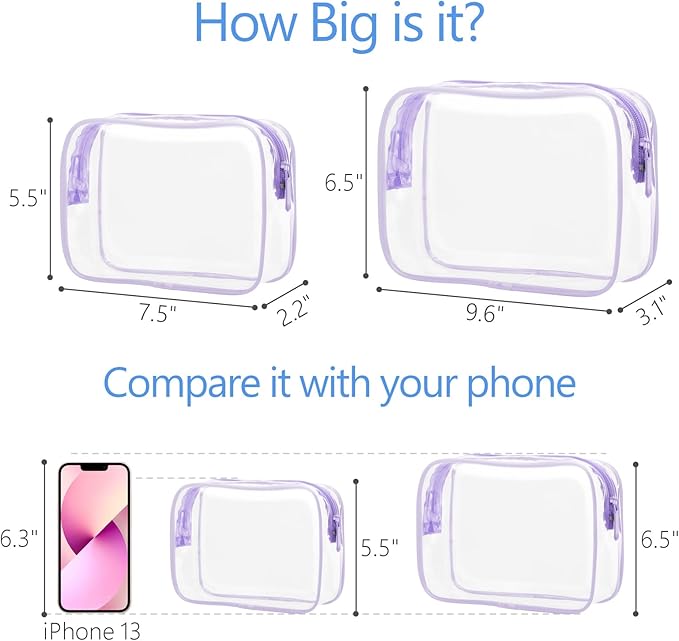 PACKISM Clear Makeup Bag 2 Pack - Quart Size TSA Approved Toiletry Bag with Metal Smooth Zipper, 3-1-1 Airline Compliant Security Travel Cosmetic Bag for Carry On Liquids, Light Purple