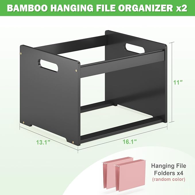 Hanging File Organizer Box for Letter Size, 2 Pack Bamboo File Folder Organizer, Storage Moving Boxes with Handle Wood Desk Filing Box for Office Banker Document
