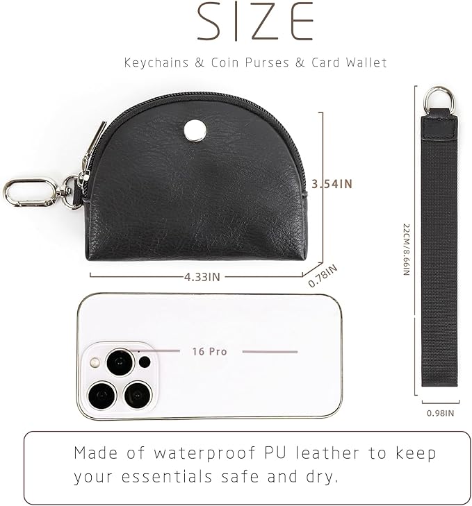 Checkered Dual Pouch Keychain Wallet for Women,Small Mini Zip Leather Coin Purse with Wrist Strap,wristlet hangbags,Black