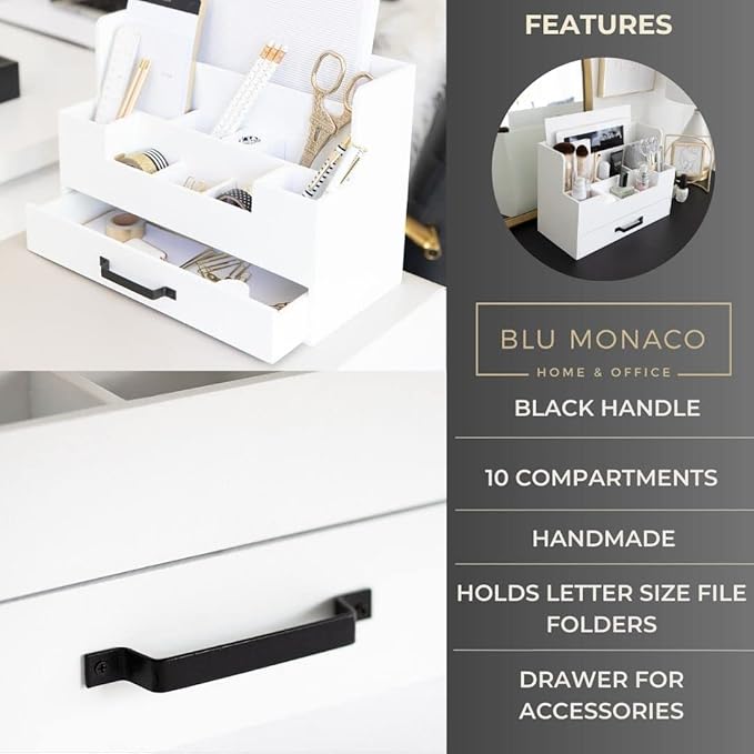 BLU MONACO White Wooden Desk Organizer With Drawer | Desktop Storage With Drawers | Multi-Compartment Desk Caddy for Home Office | 5.7”D x 12.9”W x 9”H Tabletop Accessory Holder