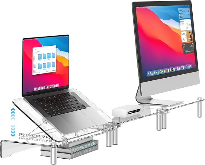 RQUOIRE Ergonomic Acrylic Dual Monitor Stand with Adjustable Laptop Riser, Compatible with Desktop, Printer, TV and More Devices,Monitor Riser Holder Suitable for 2 Monitors (Clear)