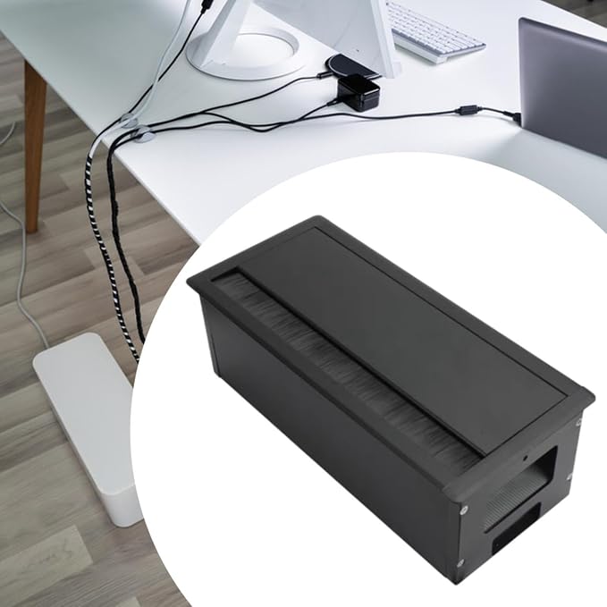 Desk Threading Box Aluminum Alloy Rectangular Wire Organizer with Cable Hole Cover Cord Grommet Storage Box Space Saving Cushioning Structure, Black