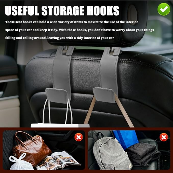 Car Seat Headrest Hooks, Purse Hook for Car, Automotive Headrest Handbags Holder, Auto Accessories Leather Seatback Organizer Hanger for Hanging Purses Bags Coats (Gray, 1PCS)