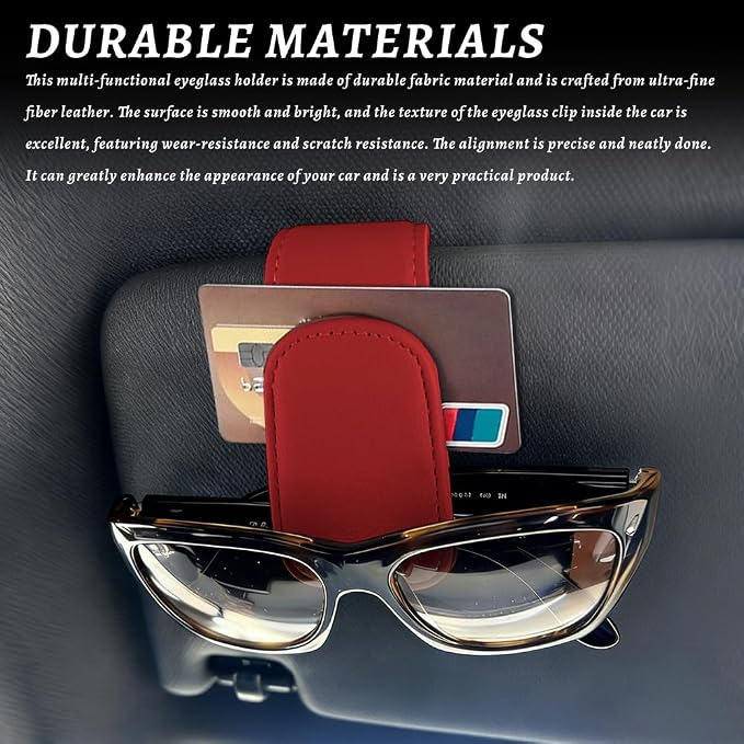 Sunglass Holder for Car, Car Sunglass Holder, Magnetic Leather Sunglasses Holder and Ticket Card Clip, Auto Multi-Functional Sun Visor Eyeglass Holders for SUV Pickup Truck (Red)