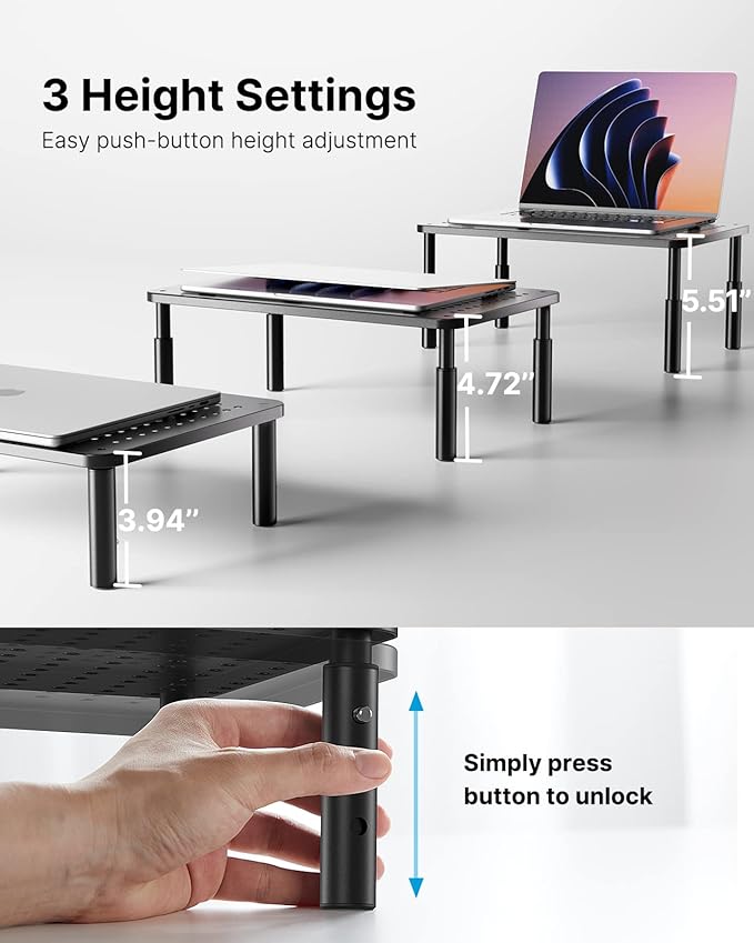 HUANUO Monitor Stand, Monitor Stand Riser 3 Height Adjustable, Monitor Riser with Airflow Vents, Laptop Stand for Desk, Laptop Riser, Desk Organizer for Monitor, 15.6" Laptop, PC, Printer