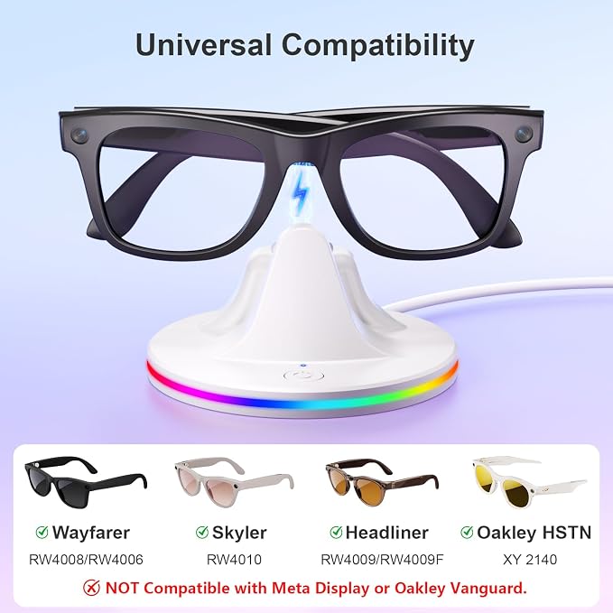 Charging Dock for Meta Glasses Ray-Ban: Wayfarer, Skyler, Headliner & Oakley HSTN Smart Glasses Charger with LED Power Status Light, Cloud Dancer White