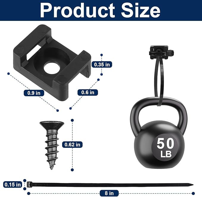 Premium Cable Zip Tie Mounts Kit - 60 Packs Wire Management Holder & Cable Clips, 8" High-Strength Nylon Ties & 5M Screws, Heavy Duty Fasteners for Wall/Desk, Indoor & Outdoor Cable Organizer