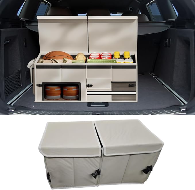 Car Trunk Organizer, Collapsible Multi Compartment Cargo Storage Box with Lid & Reinforced Handles, Adjustable Waterproof Vehicle Storage Organizer Accessories for Car SUV Truck (Beige)