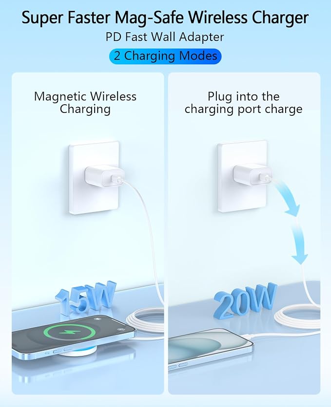 Magnetic Wireless Charger 15W with 20W Adapter & 6ft Cable – MagSafe Charger for iPhone 16/15/14/13/12 Pro/Max/Plus/Mini & AirPods 3/2/Pro – Fast Wireless Charging Pad for Home, Office, Travel