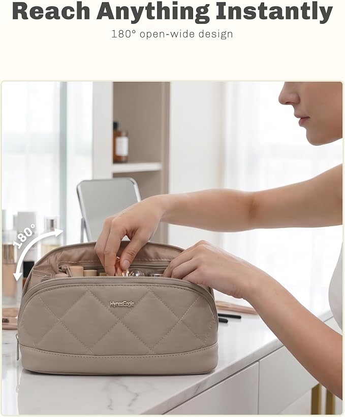 Hynes Eagle Travel Makeup Bag for Women Puffy Cosmetic Organizer Pouch Open Flat Toiletry Bag for Toiletries Brushes Structured Base Classic Camel