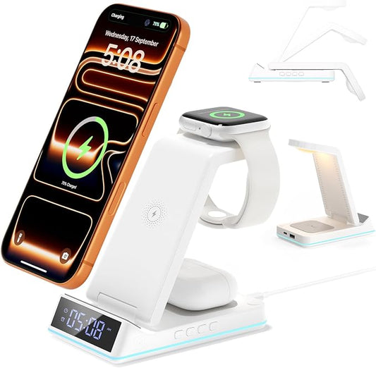 2026 Upgraded Wireless Charging Station, 7 in 1 Wireless Charger Station Foldable Charger Stand with Night Light/Alarm Clock for iPhone 17-12 Pro Max Plus, Apple Watch, AirPods Gifts for Fathers Day