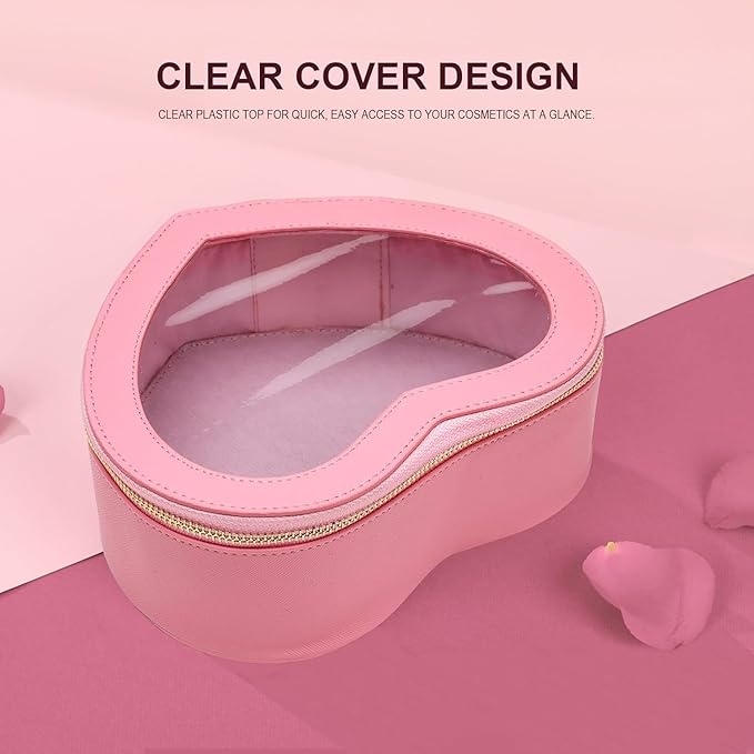 Pink Heart Makeup Bag-Heart Shaped Valentine Day Gift for Her,Pink Clear Top Open Cosmetic Organizer, Large Waterproof Travel Makeup Bag for Girls Women