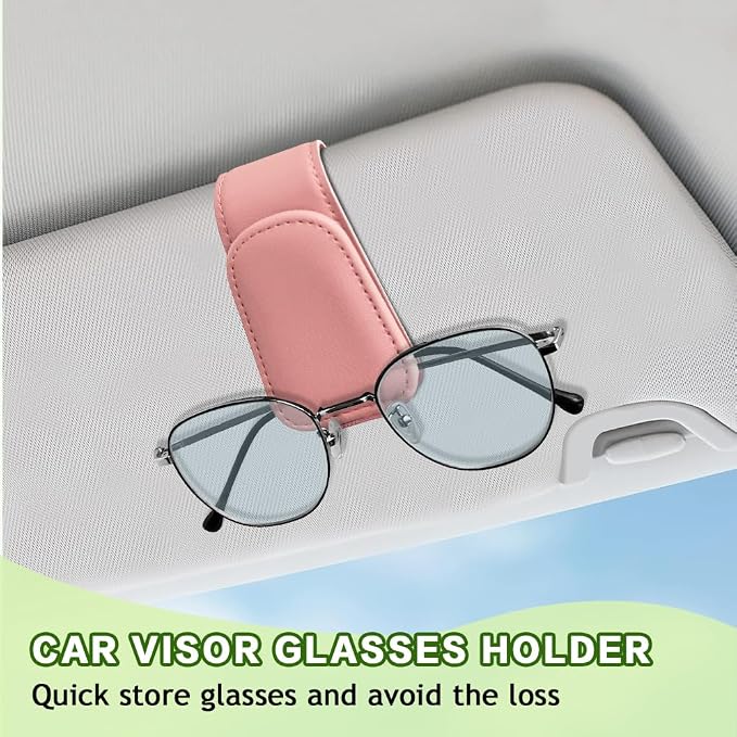 Sunglass Holder for Car, Sunglasses Clip for Car Visor, Magnetic Leather Vehicle Eyeglass Hanger Clip, Auto Ticket Card Glasses Organizer Clamp Accessories for SUV Sedan (Pink)
