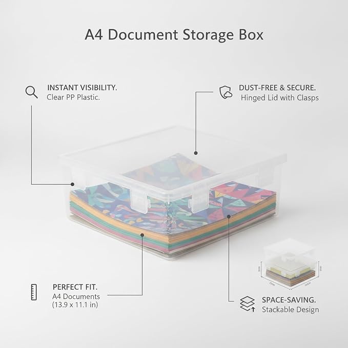 A4 Document Storage Box with Lid, Clear PP Plastic File Organizer for Desk and Drawer, Stackable Paper Container (1 PC)