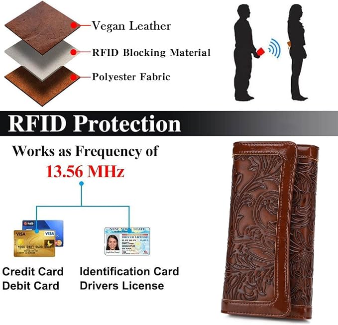 MEITRUE Women's Wallet Leather RFID Blocking Trifold Ladies Purse Embossed long Clutch Card Holder Phone Checkbook Organizer