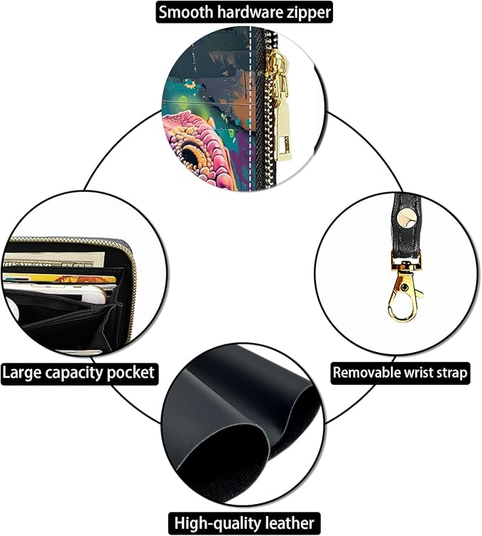 Women's Large Capacity Wallet PU Leather Zip Around Clutch Purse Multifunctional Wallet with Removable Wristlet Strap for Smart Phone/Coin/Card/Cash - Dinosaur