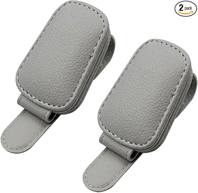 Sunglass Holder for Car Visor, Magnetic Leather Glasses Eyeglass Clip Hanger Clip for Car Truck, Ticket Card Clip for Any Eyeglasses, Gray, 2Pack