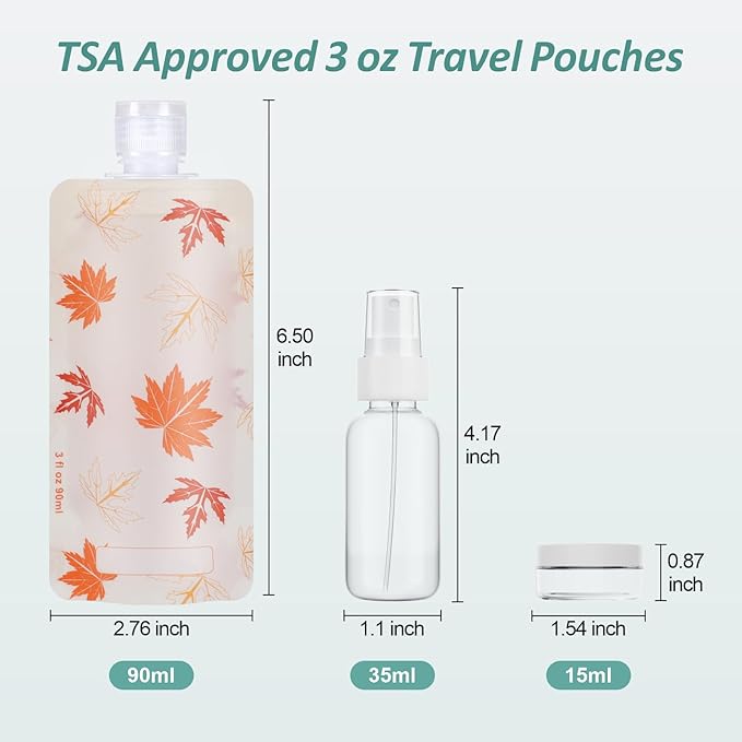 PACKISM 11 Pack Travel Pouches for Toiletries, 3 oz TSA Approved Liquid Containers, Leak Proof Squeeze Bags for Cruise & Camping, Space Saving Refillable Carriers, Active Red Maple Leaf