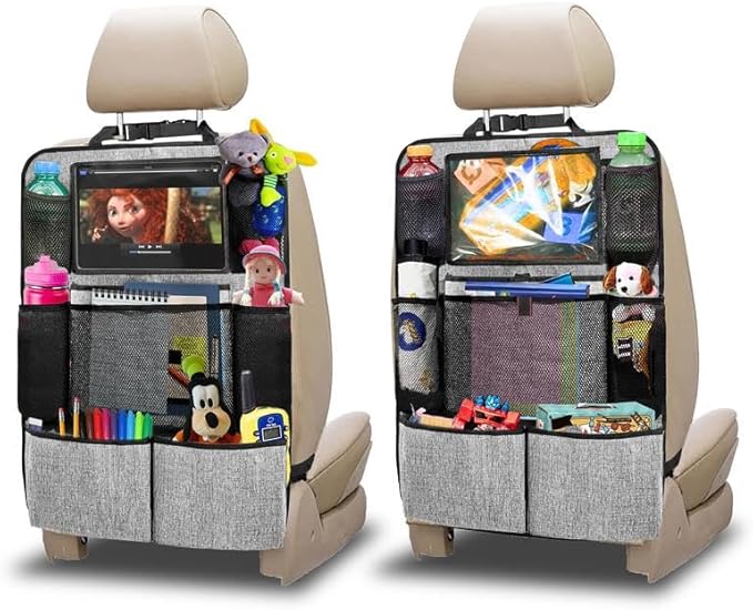 Econour Car Back Seat Organizer (2-Pack) | 600D Oxford Fabric with 9 Storage Pockets & Touch Screen Tablet Holder | Waterproof & Universal Fit Kick Mats | Durable & Eco-Friendly Seat Protectors (Grey)