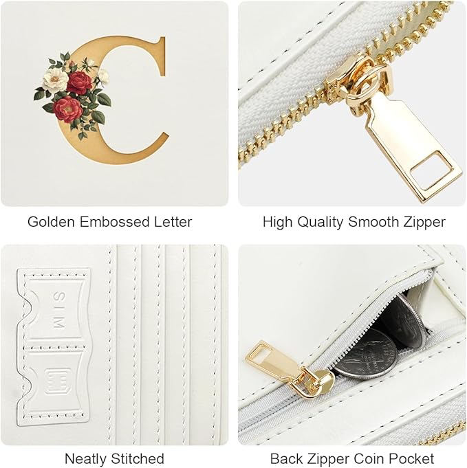 Passport Holder for Travel Personalized Passport Holder Initial Letter Rose Flower RFID Blocking Travel Wallets Credit Cards Holder for Women Men, White C