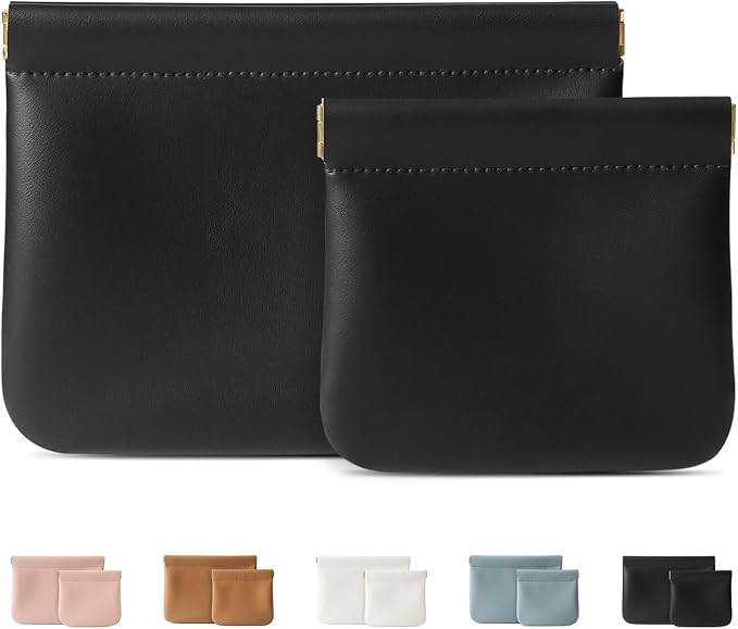 2 Pack Small Makeup Bag for Women, New Organosilicon Super Fiber PU Leather Mini Cosmetic Bag for Travel, Coin Purse Organizer Storage Pouch (No Phrase Printed, Black)