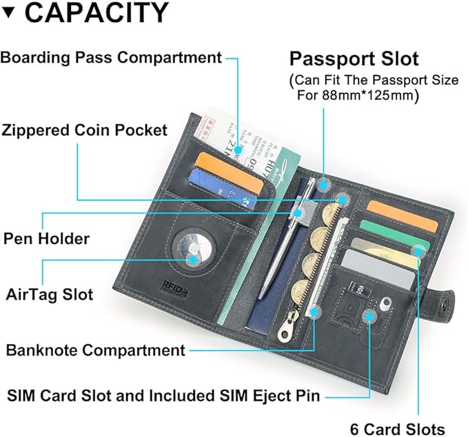 CONTACTS Full Grain Leather Passport Holder with Compatible with Airtag RFID Blocking Passport Wallet Travel Slim Passport Cover with SIM Card Removal Tool (Gray)